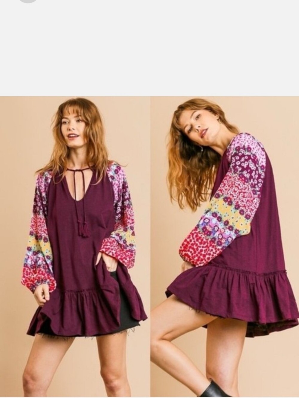 Umgee Peasant Tunic Dress in Deep Plum with Floral Balloon Sleeves, Sz M, NWT